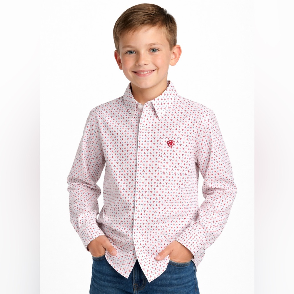Ariat Boy’s Long Sleeve Button Down Red Longhorn/Bull Print Shirt New-Sz.Sm(8)
